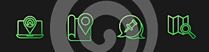 Set line Push pin, City map navigation, Folded with location marker and Search. Gradient color icons. Vector