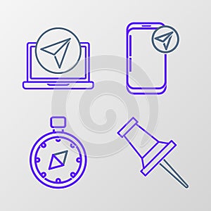 Set line Push pin, Compass, Infographic of city map navigation and icon. Vector