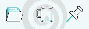 Set line Push pin, Document folder and Coffee cup flat icon. Vector