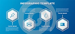 Set line Push pin, Envelope with Valentine heart, Water drop and Laptop dental card. Business infographic template