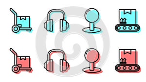 Set line Push pin, Hand truck and boxes, Headphones and Conveyor belt with cardboard box icon. Vector