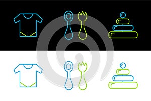 Set line Pyramid toy, Baby onesie and cutlery with fork and spoon icon. Vector