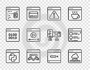 Set line Python programming language, Cloud technology data transfer, Browser with exclamation mark, shield, Software