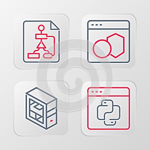 Set line Python programming language, Computer, Software and Flowchart icon. Vector