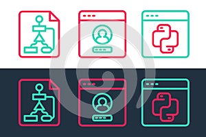Set line Python programming language, Flowchart and Create account screen icon. Vector