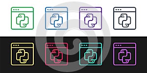 Set line Python programming language icon isolated on black and white background. Python coding language sign on browser
