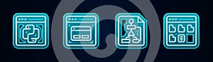 Set line Python programming language, Search engine, Flowchart and Browser files. Glowing neon icon. Vector