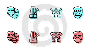 Set line Question mark, Comedy and tragedy masks, Metronome with pendulum and Drama theatrical icon. Vector