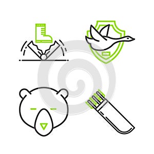 Set line Quiver with arrows, Bear head, Flying duck on shield and Trap hunting icon. Vector