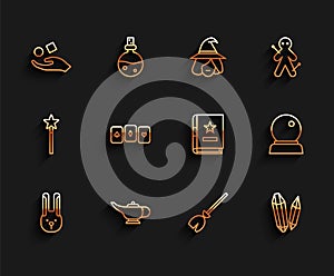 Set line Rabbit with ears, Magic lamp or Aladdin, Cube levitating above hand, Witches broom, stone, Playing cards, ball