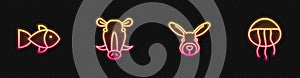 Set line Rabbit head, Fish, Wild boar and Jellyfish. Glowing neon icon. Vector