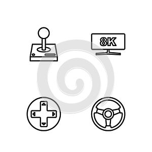 Set line Racing simulator, Game controller joystick, Joystick for arcade machine and Computer monitor icon. Vector