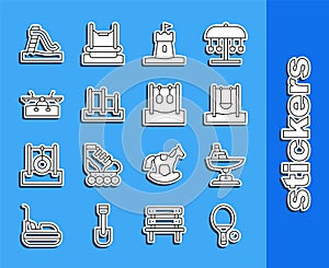 Set line Racket and ball, Swing boat, Sand tower, Horizontal bar, Seesaw, Kid slide and Gymnastic rings icon. Vector