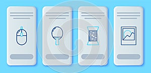 Set line Racket for playing table tennis, Sewing thread on spool, Computer mouse and Photo frames icon. Vector