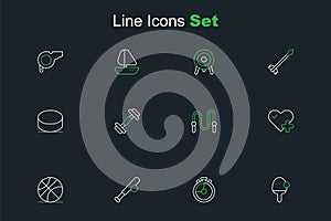 Set line Racket, Stopwatch, Baseball bat with ball, Basketball, Heart rate, Jump rope, Dumbbell and Hockey puck icon
