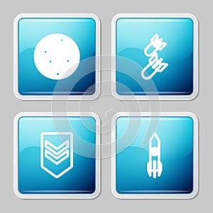 Set line Radar with targets, Aviation bomb, Chevron and Nuclear rocket icon. Vector