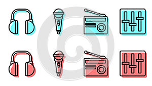 Set line Radio with antenna, Headphones, Microphone and Sound mixer controller icon. Vector