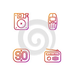 Set line Radio with antenna, 90s Retro, Floppy disk and Old mobile phone. Gradient color icons. Vector