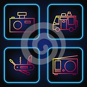Set line Radio with antenna, Swiss army knife, Photo camera and Rv Camping trailer. Gradient color icons. Vector