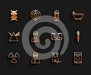 Set line Radioactive, Assistant, DNA symbol, Rat, Book, Scientist, Meteorology thermometer measuring and Glasses icon