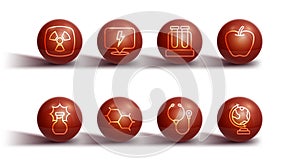 Set line Radioactive, Explosion in the flask, Apple, Stethoscope, Chemical formula, Lightning bolt, Earth globe and Test