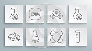 Set line Radioactive, Sulfur dioxide SO2, Test tube, Molecule, with toxic liquid and icon. Vector