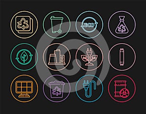 Set line Radioactive waste in barrel, Fluorescent lamp, Label for eco healthy food, Factory, Recycle and leaf, Electric