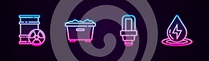 Set line Radioactive waste in barrel, Trash can, LED light bulb and Water energy. Glowing neon icon. Vector