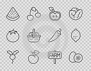 Set line Radish, Kiwi fruit, Apple, Peach or nectarine, Watermelon, Basket and food, Location farm and Lemon icon