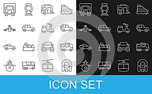 Set line Rafting boat, Bus, Off road car, Rv Camping trailer, Car, Plane, Delivery cargo truck and Scooter icon. Vector