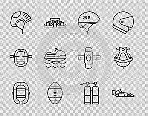 Set line Rafting boat, Formula 1 racing car, Bicycle helmet, Rugby ball, Helmet, Jet ski, Aqualung and icon. Vector