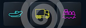 Set line Rafting boat, Oil tanker ship and Delivery cargo truck. Black square button. Vector