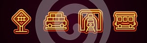 Set line Railroad crossing, Cargo train wagon, Train railway tunnel and Passenger cars. Glowing neon icon. Vector