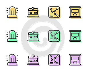 Set line Railway map, Flasher siren, station and Ticket office to buy tickets icon. Vector