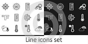 Set line Rainbow with cloud, Meteorology thermometer, Fahrenheit, UV protection, Sun and snowflake and icon. Vector