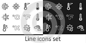 Set line Rainbow with clouds, Meteorology thermometer, Celsius, Sun and snowflake, Fahrenheit and UV protection icon