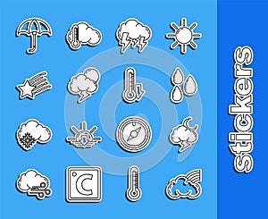 Set line Rainbow with clouds, Storm, Water drop, Falling star, Classic elegant opened umbrella and Thermometer icon