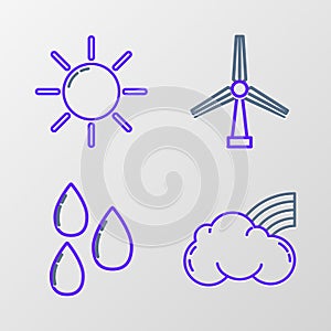 Set line Rainbow with clouds, Water drop, Wind turbine and Sun icon. Vector