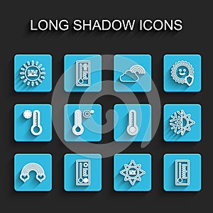 Set line Rainbow with heart, Meteorology thermometer, UV protection, Sun and snowflake and icon. Vector