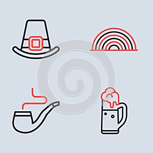 Set line Rainbow, Smoking pipe, Glass of beer and Leprechaun hat icon. Vector