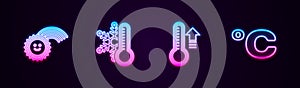 Set line Rainbow with sun, Thermometer snowflake, Meteorology thermometer and Celsius. Glowing neon icon. Vector