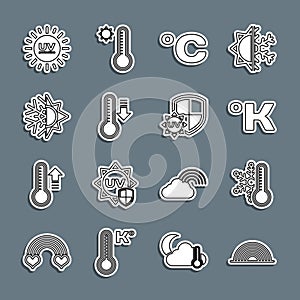 Set line Rainbow, Thermometer with snowflake, Kelvin, Celsius, Meteorology thermometer, Sun and, UV protection and icon