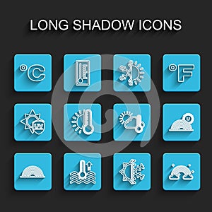 Set line Rainbow, Water thermometer, Celsius, Sun and snowflake, with clouds, Thermometer sun, and cloud, icon. Vector