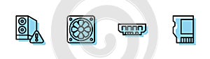Set line RAM, random access memory, Case of computer, Computer cooler and SD card icon. Vector