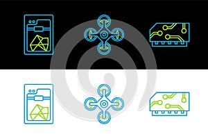 Set line RAM, random access memory, 3D printer and Drone icon. Vector