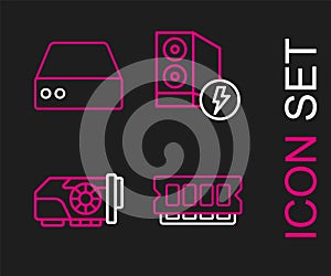 Set line RAM, random access memory, Video graphic card, Case of computer and Server, Data, Web Hosting icon. Vector