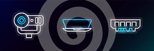 Set line RAM, random access memory, Web camera and Laptop icon. Glowing neon. Vector