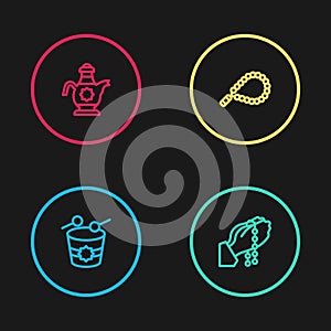 Set line Ramadan drum, Hands in praying position, Rosary beads religion and Islamic teapot icon. Vector