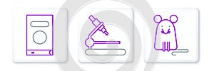 Set line Rat, Book and Microscope icon. Vector