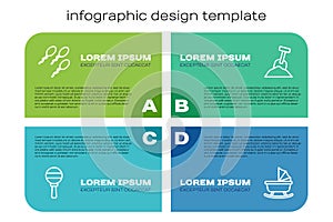 Set line Rattle baby toy, Sperm, Baby stroller and Sandbox with sand and shovel. Business infographic template. Vector